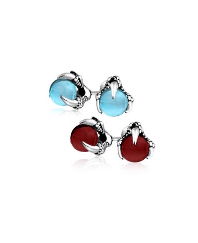 Bling Jewelry Blue Topaz and Red Ball Orb Dragon Claw Stud Earrings Stainless Steel (2 Set)