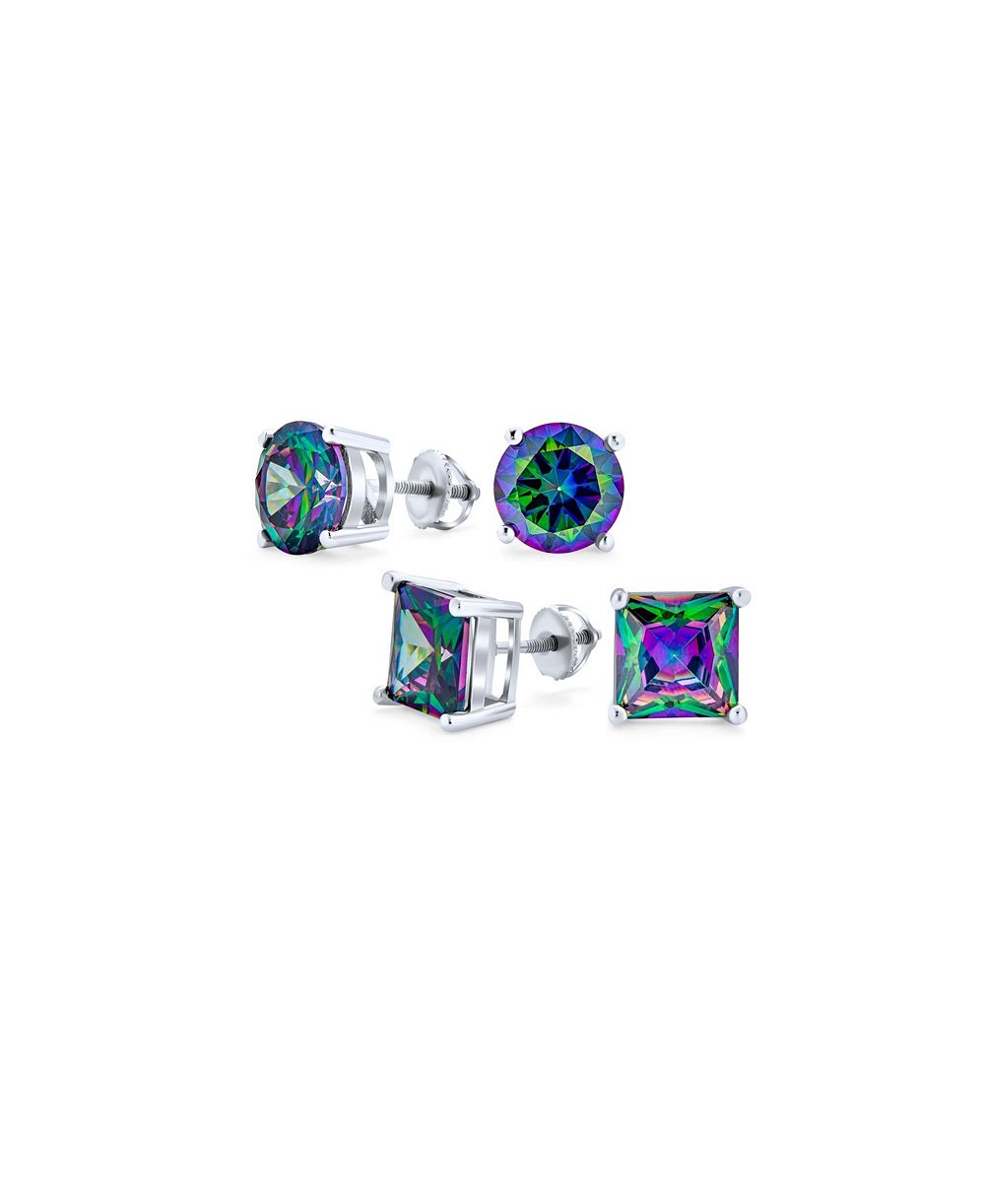 Bling Jewelry Set of 2 Round & Square Mystic Rainbow CZ Stud Earrings Silver Screw Back 5-10MM