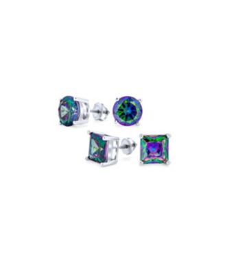 Bling Jewelry Set of 2 Round & Square Mystic Rainbow CZ Stud Earrings Silver Screw Back 5-10MM