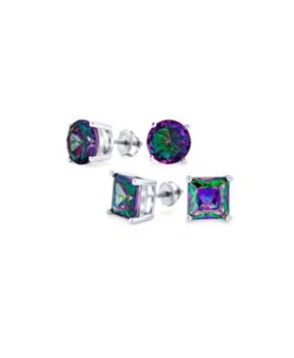 Bling Jewelry Set of 2 Round & Square Mystic Rainbow CZ Stud Earrings Silver Screw Back 5-10MM