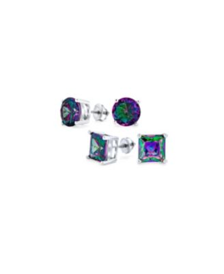 Bling Jewelry Set of 2 Round & Square Mystic Rainbow CZ Stud Earrings Silver Screw Back 5-10MM