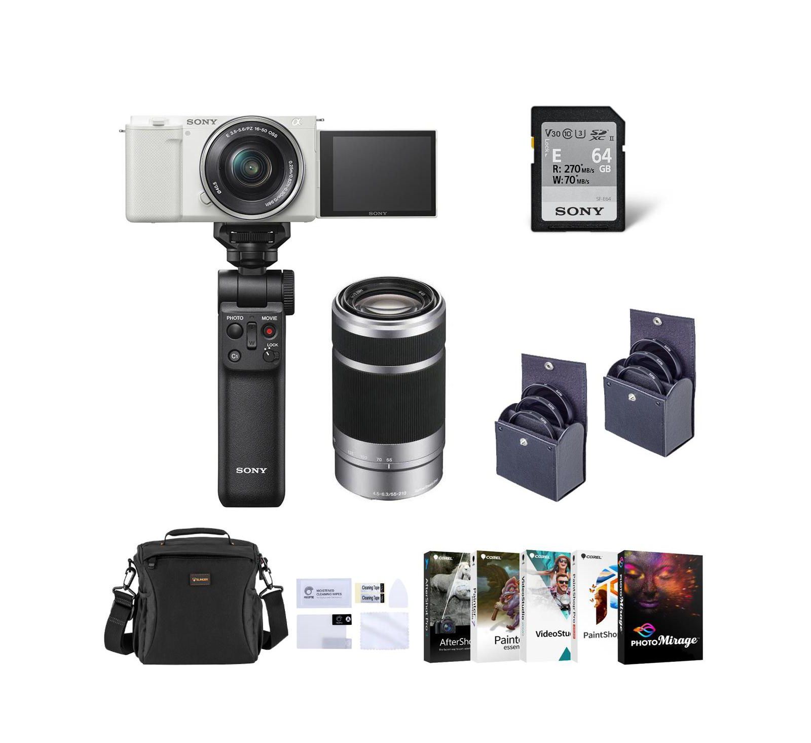 Sony ZV-E10 Camera w/16-50 and 55-210mm Lens, White w/Grip, PC Software