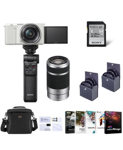 Sony ZV-E10 Camera w/16-50 and 55-210mm Lens, White w/Grip, PC Software