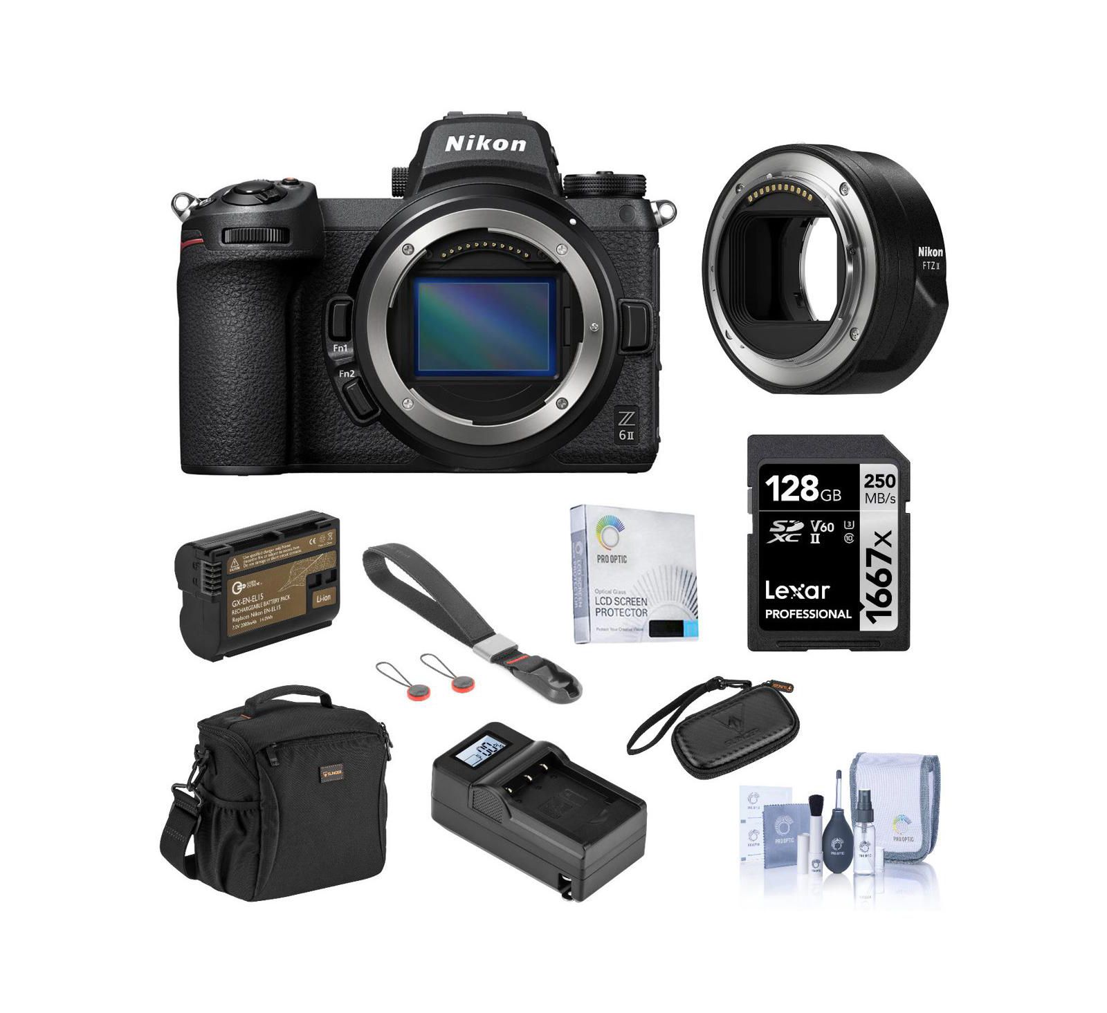 Беззеркальная камера Nikon Z 6II с адаптером FTZ II, комплект с картой 128GB SDXC, сумкой, аккумулятором, зарядным устройством, ремешком и защитным экраном