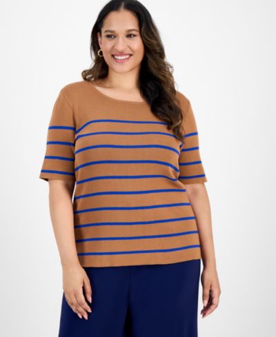 Tahari ASL Plus Size Striped Short-Sleeve Top