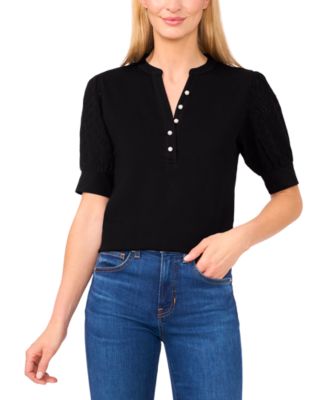 CeCe Women's Pearl Button Henley Embroidered Puff 3/4-Sleeve Cotton Top
