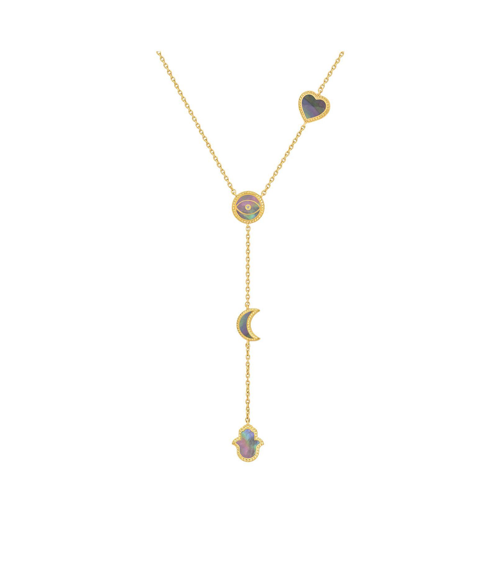 Золотое ожерелье-лариат Karma and Luck Multi Symbol Mother of Pearl