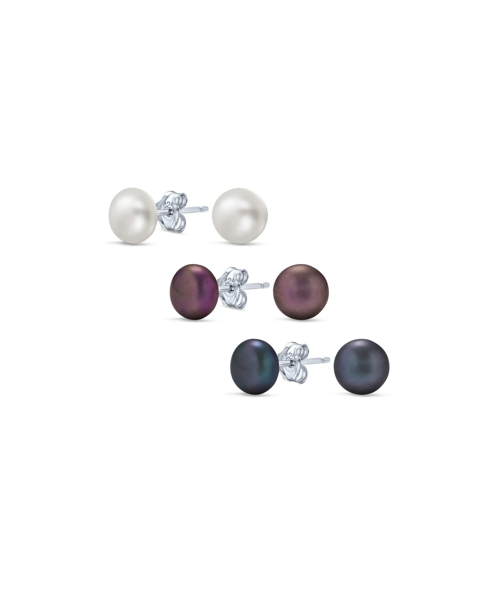Bling Jewelry White Black Brown Freshwater Pearl Stud Earrings Sterling Silver Post 3-Set