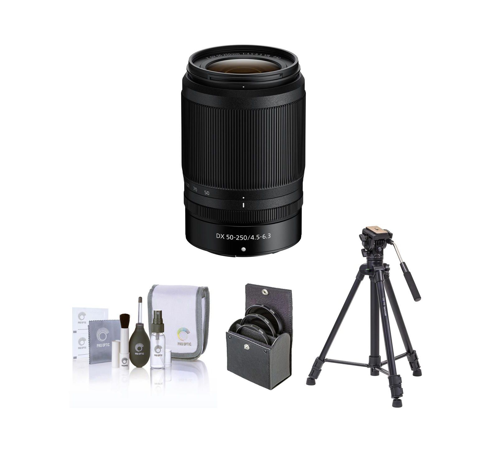 Nikon NIKKOR Z DX 50-250mm f/4.5-6.3 VR Lens, Bundle с Takama 3-Section Aluminum Video Tripod и Fluid Head, 62mm Filter Kit, Cleaning Kit