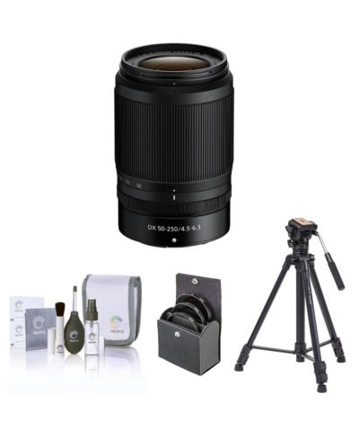 Nikon NIKKOR Z DX 50-250mm f/4.5-6.3 VR Lens, Bundle с Takama 3-Section Aluminum Video Tripod и Fluid Head, 62mm Filter Kit, Cleaning Kit