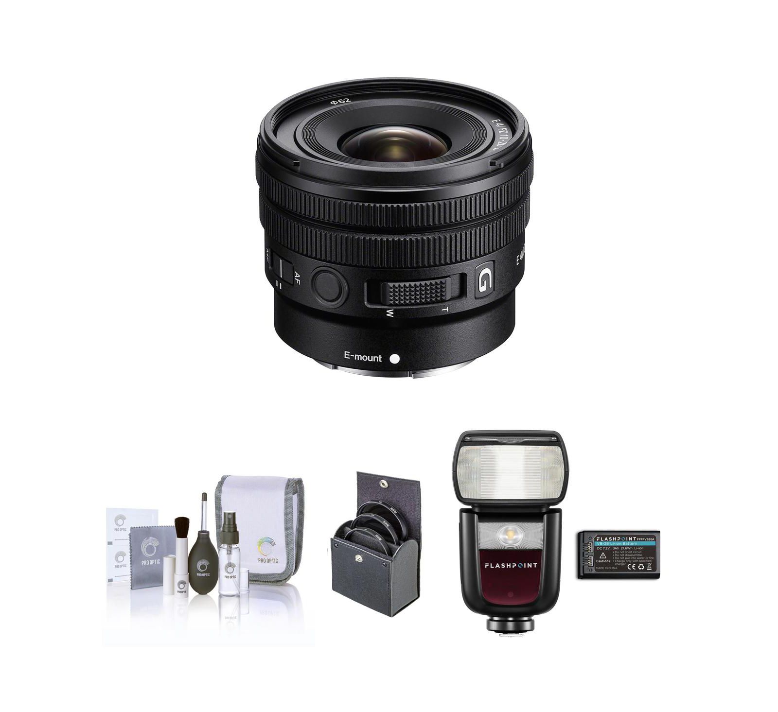 Объектив Sony E 10-20mm f/4 PZ G с набором вспышки, фильтров и средств для чистки