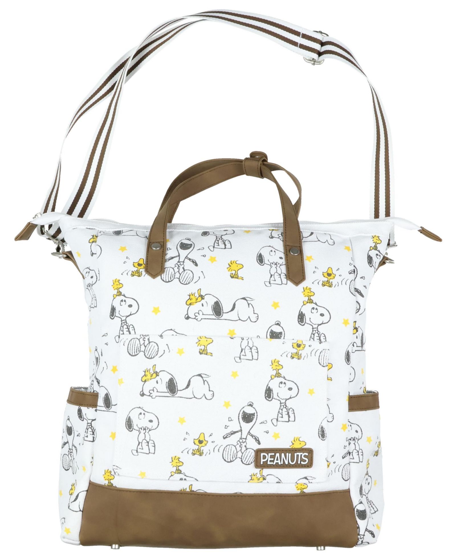 Peanuts Convertible Totepack Snoopy and Woodstock Backpack with Carrying Handles and Shoulder Strap Faux Leather Bottom Bag 16"