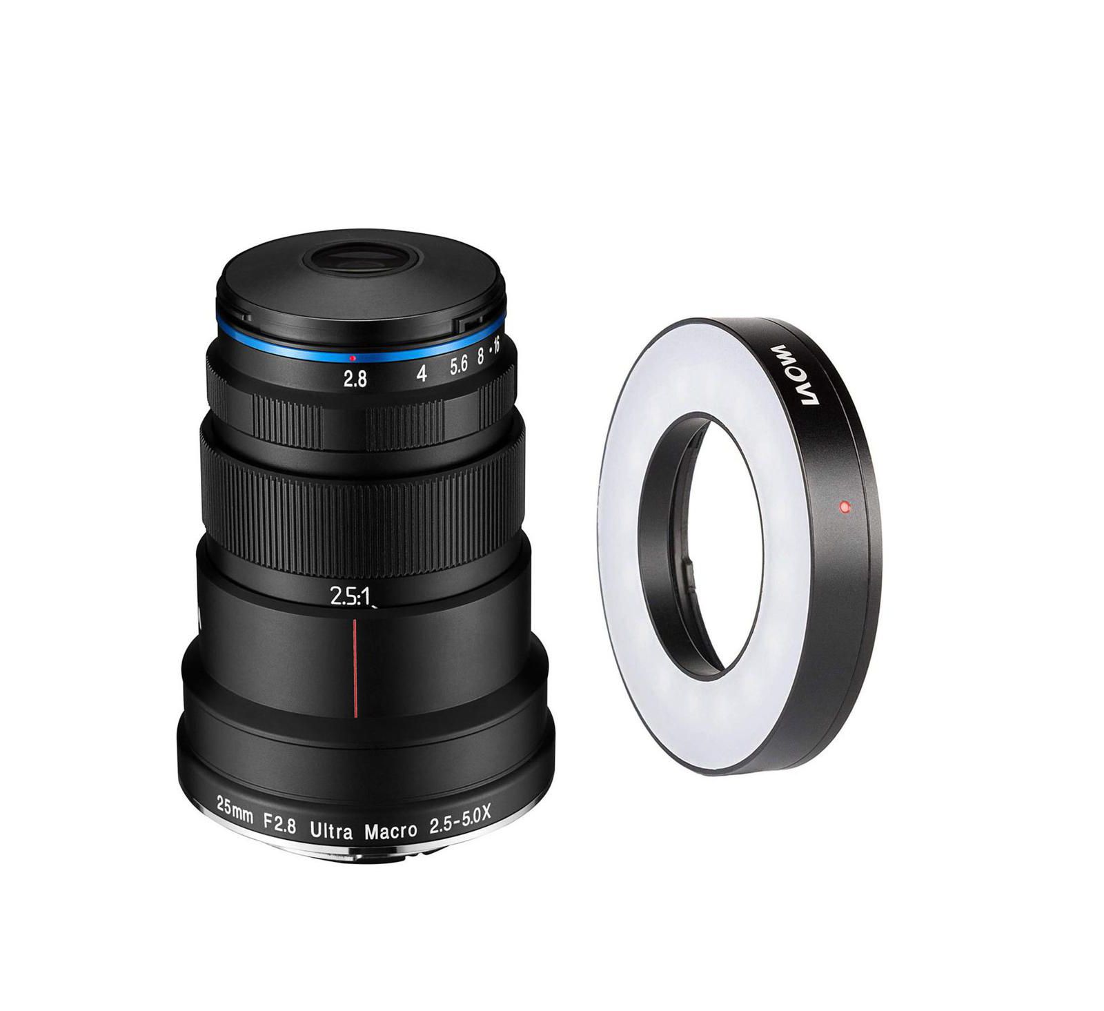 Макрообъектив Venus Laowa 25mm f/2.8 2.5-5X Ultra Macro для Sony FE, комплект с кольцевой светодиодной подсветкой Laowa Front LED Ring Light