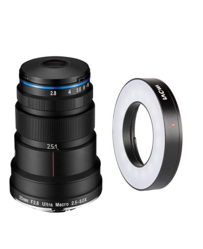 Макрообъектив Venus Laowa 25mm f/2.8 2.5-5X Ultra Macro для Sony FE, комплект с кольцевой светодиодной подсветкой Laowa Front LED Ring Light