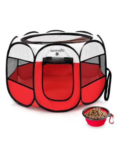 SereneLife Medium Portable & Foldable Pet Tent with Travel Bowl, Red