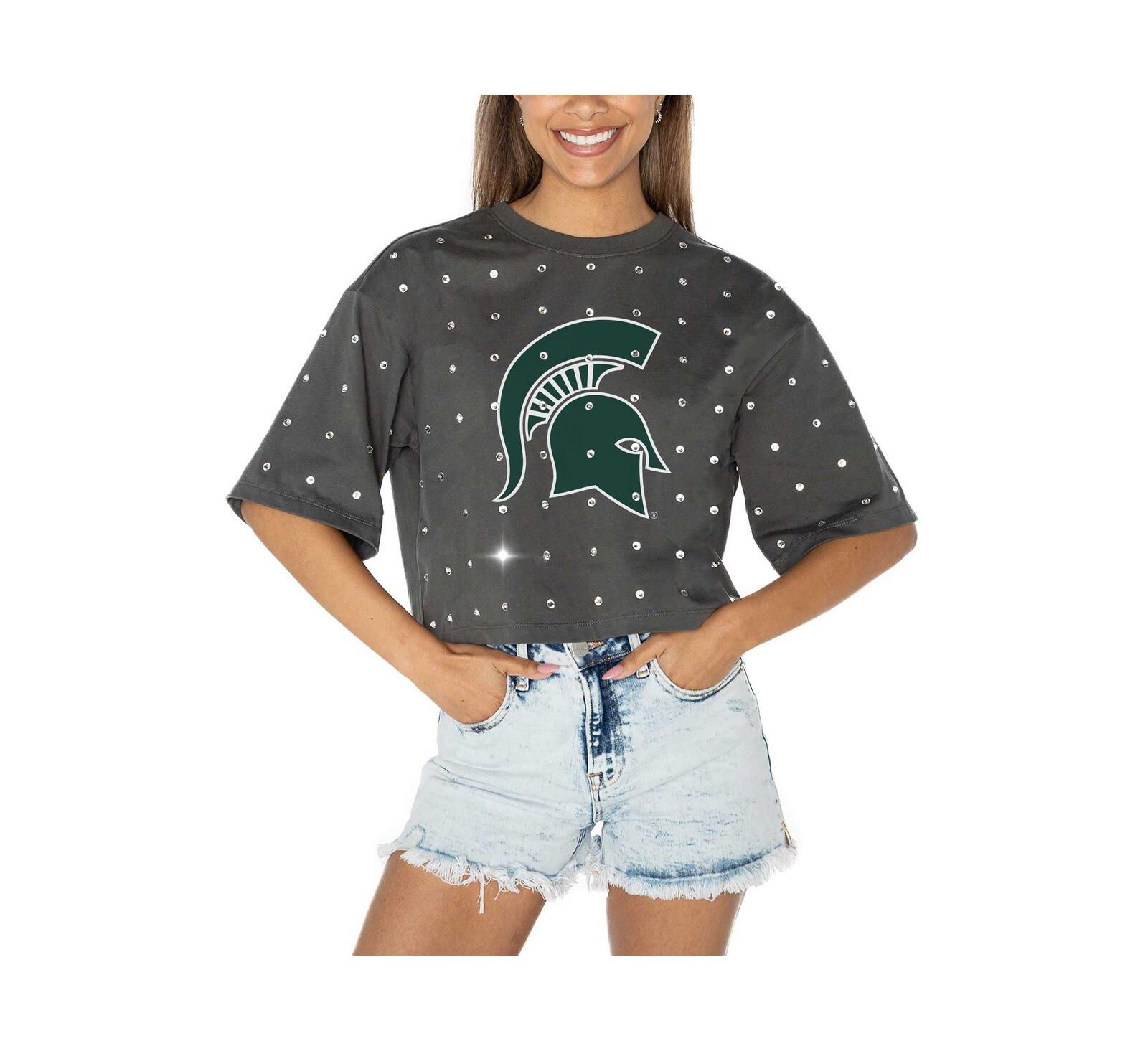 Женский укороченный T-shirt Gameday Couture Gray Michigan State Spartans Go Time с пайетками