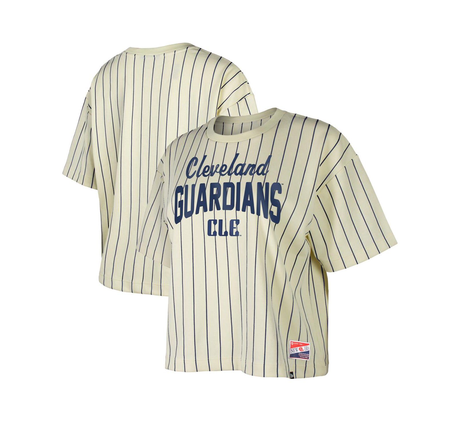 New Era Women's Cream Cleveland Guardians City Connect Multiplier Pinstripe Cropped T-Shirt