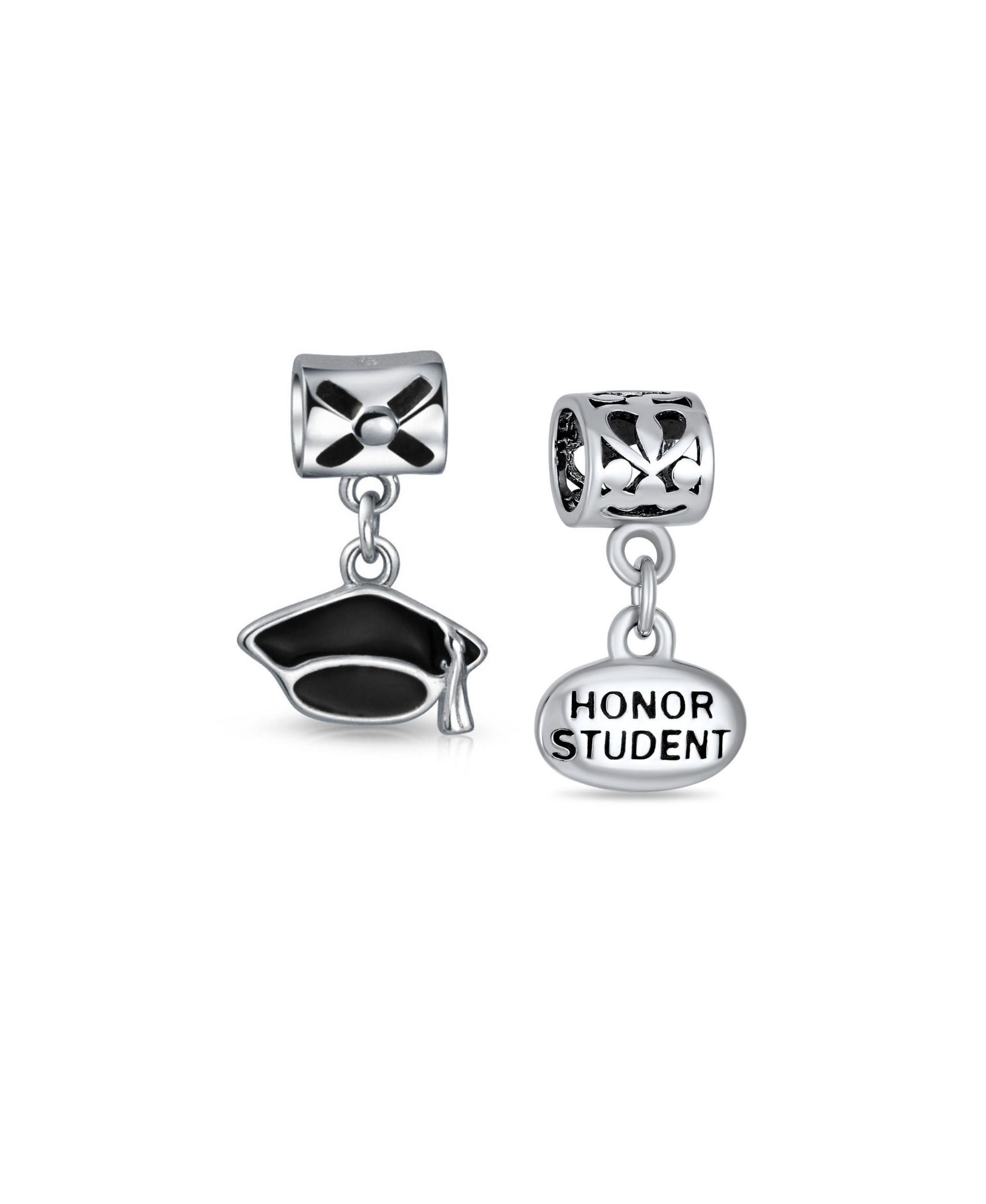 Bling Jewelry Honor Student Cap Dangle Charm Bead for Bracelet .925 Sterling Silver 2 Set