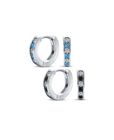 Bling Jewelry Tiny Alternating Blue Black CZ Hoop Huggie Earrings Sterling Silver 2 Set