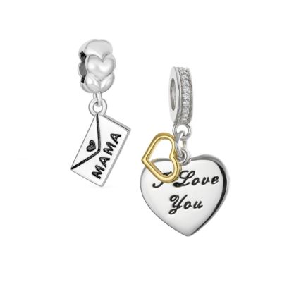Набор шармов Bling Jewelry Sterling Silver Love Letter Envelope MAMA и I LOVE YOU в форме сердца с золотым напылением