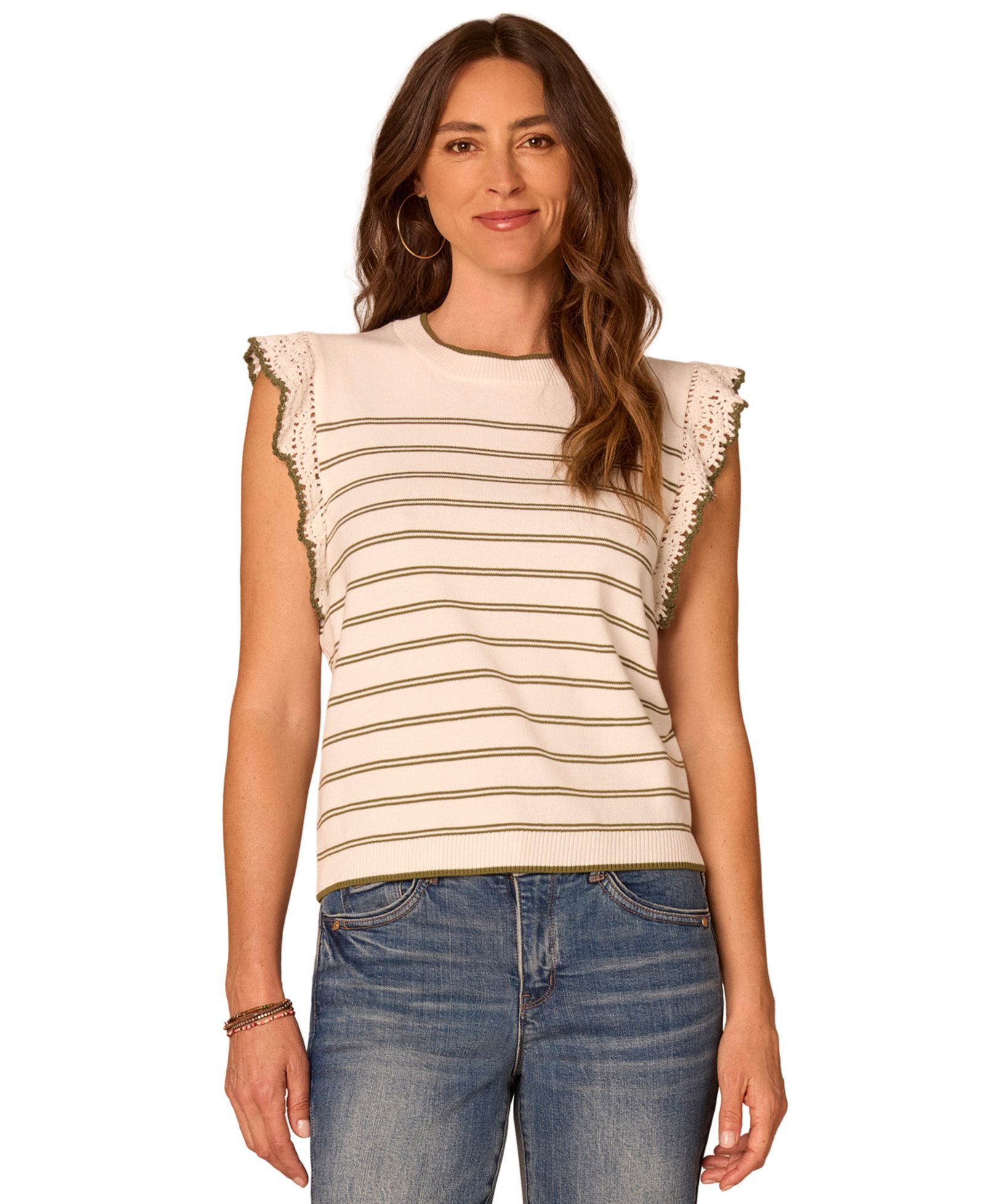 Democracy Women's Striped Crochet Flutter-Sleeve Sweater Top