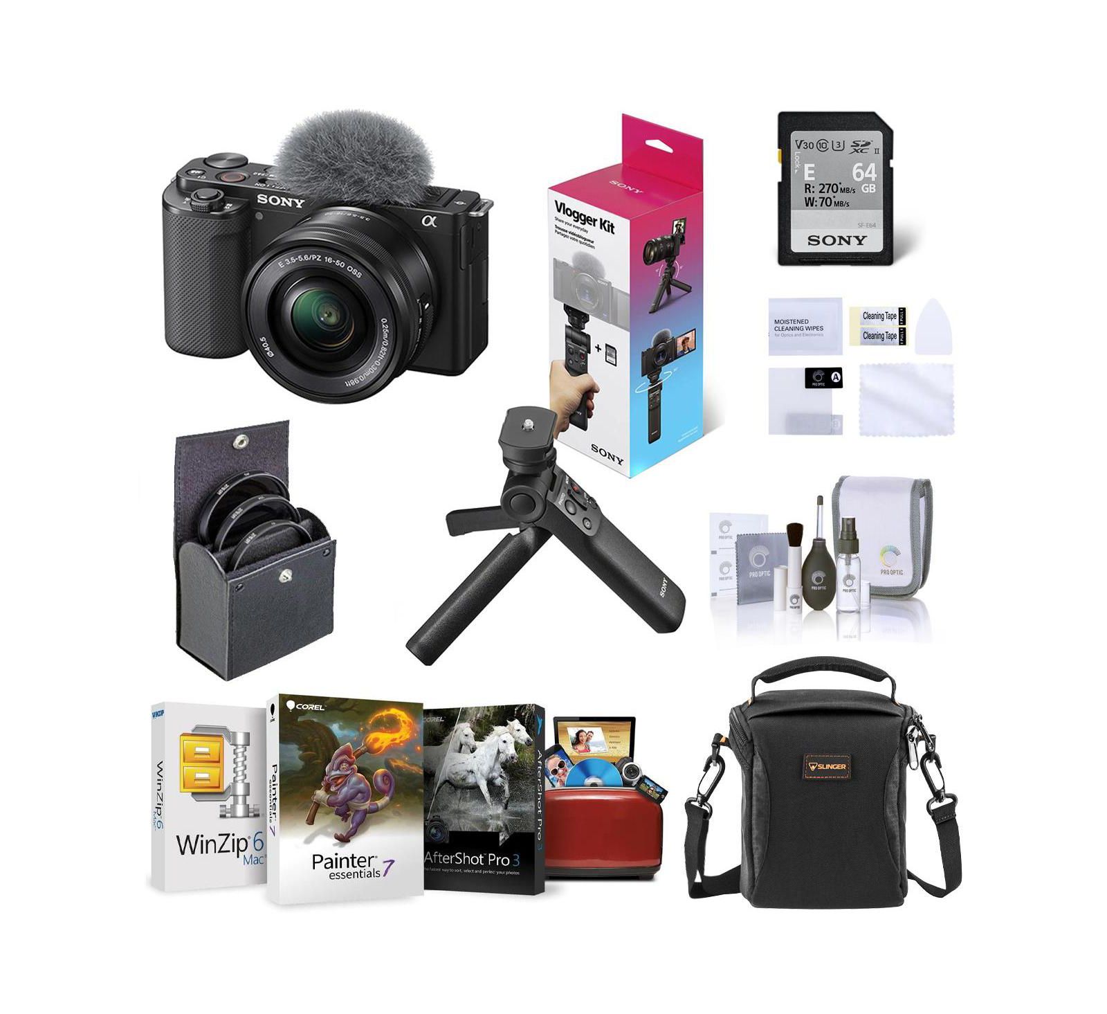 Sony ZV-E10 Mirrorless Camera w/16-50mm Lens, Black w/Grip, Mac Software