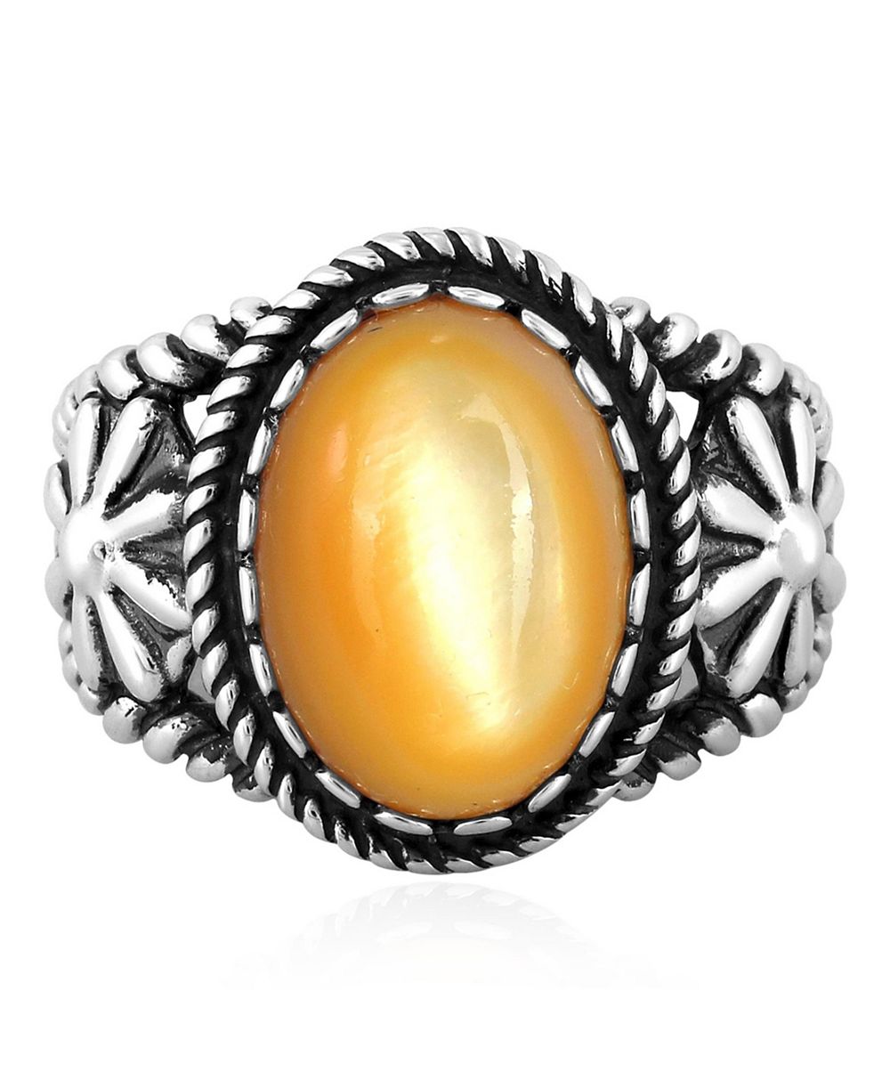 Sterling Silver Yellow Mother of Pearl Concha Flower Ring, Size 11