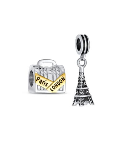 Набор подвесок Bling Jewelry Sterling Silver London Paris Travel Suitcase Luggage and Paris Eiffel Tower Charm Bead
