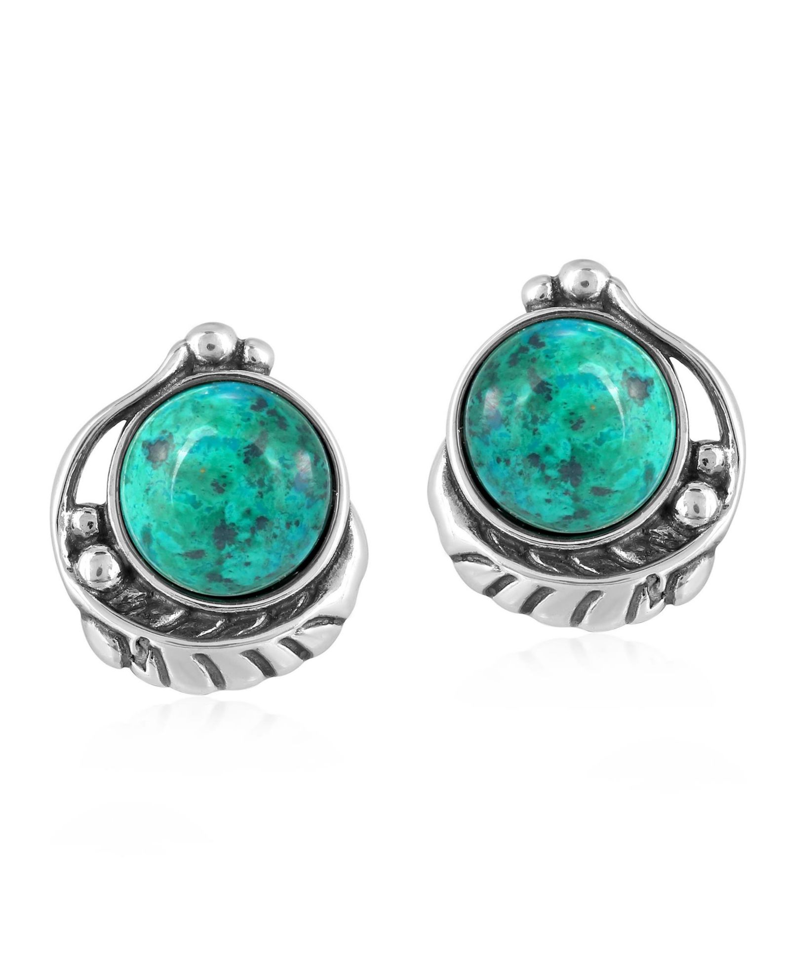 Sterling Chrysocolla Leaf Design Button Earrings