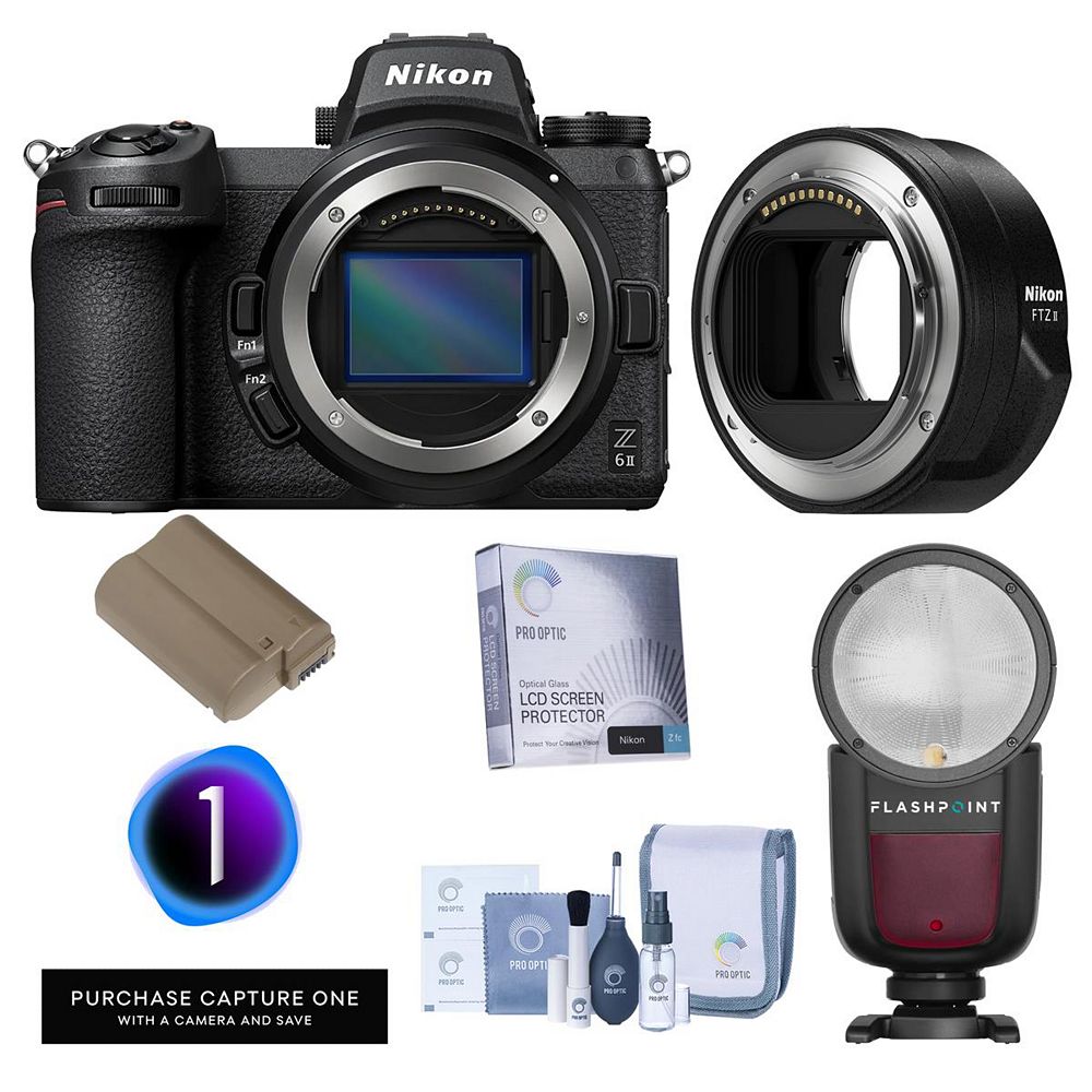 Nikon Z 6II Mirrorless Camera with Mount Adapter FTZ II,TTL On-Camera Round Flash Speedlight,Lithium-Ion Battery Pack,Glass Screen Protector