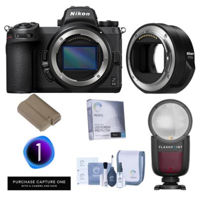 беззеркальная камера nikon z 6ii с адаптером крепления ftz ii, круглой вспышкой speedlight ttl, литий-ионным аккумулятором и защитной пленкой для экрана