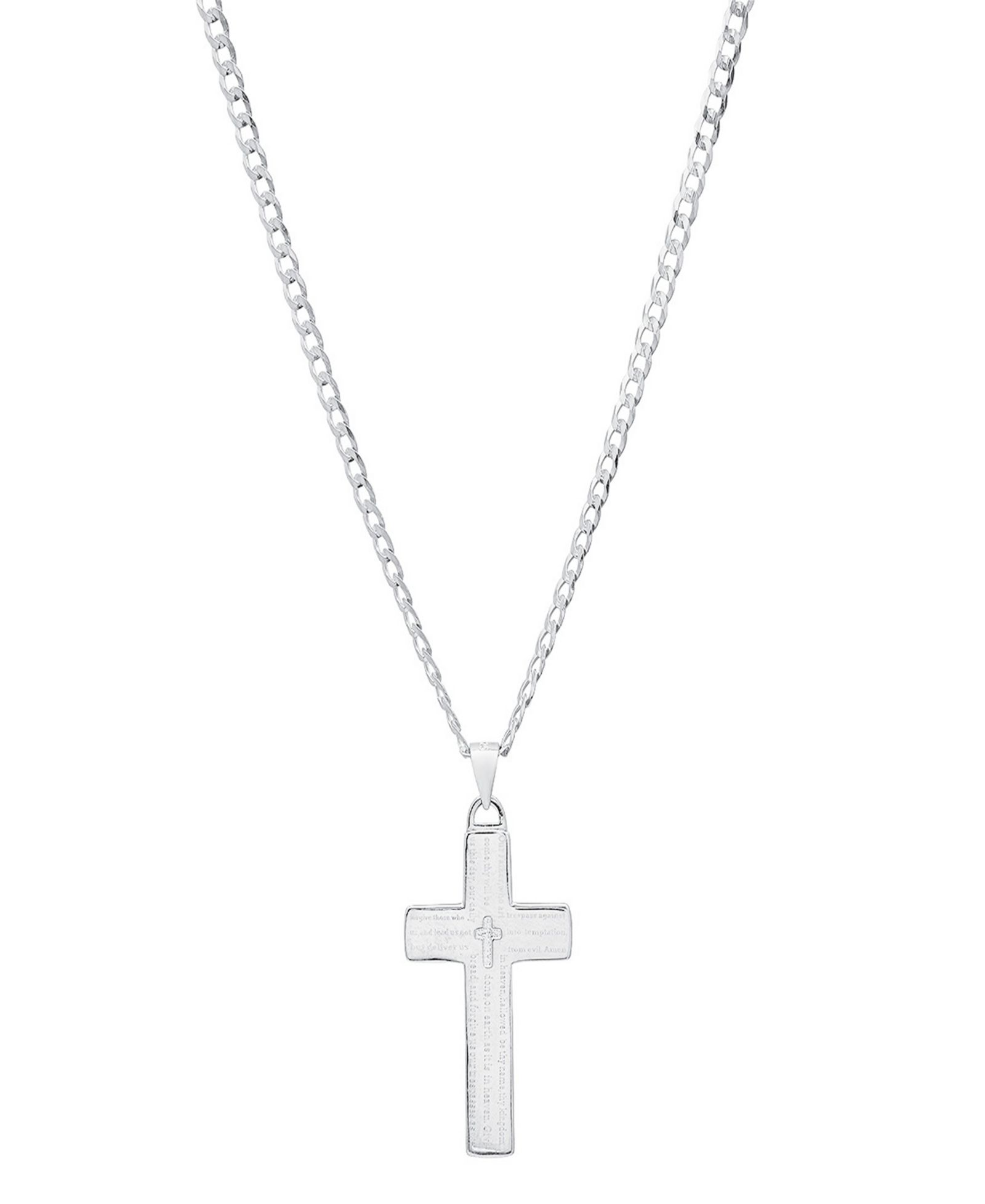 Steeltime Unisex Cuban Superflat Chain and Lord's Prayer Cross Pendant Necklace