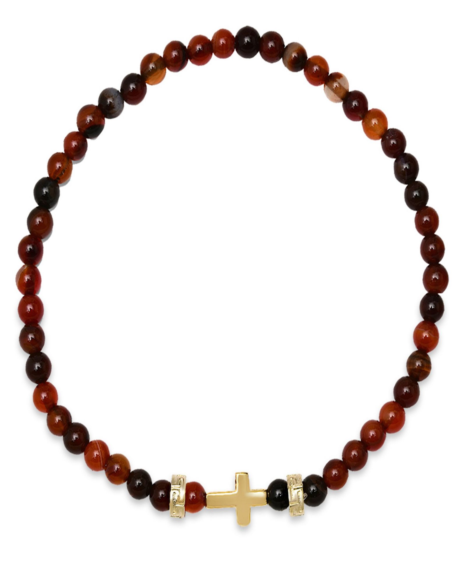 Steeltime Men’s 14K Gold Plated Sterling Silver Cross and Red Tiger Eye Beaded Stretch Bracelet