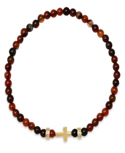 Steeltime Men’s 14K Gold Plated Sterling Silver Cross and Red Tiger Eye Beaded Stretch Bracelet