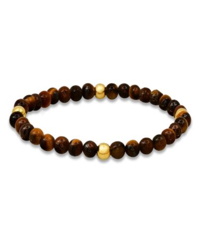 Steeltime Men’s 14K Gold Plated Sterling Silver and Tiger Eye Beaded Stretch Bracelet