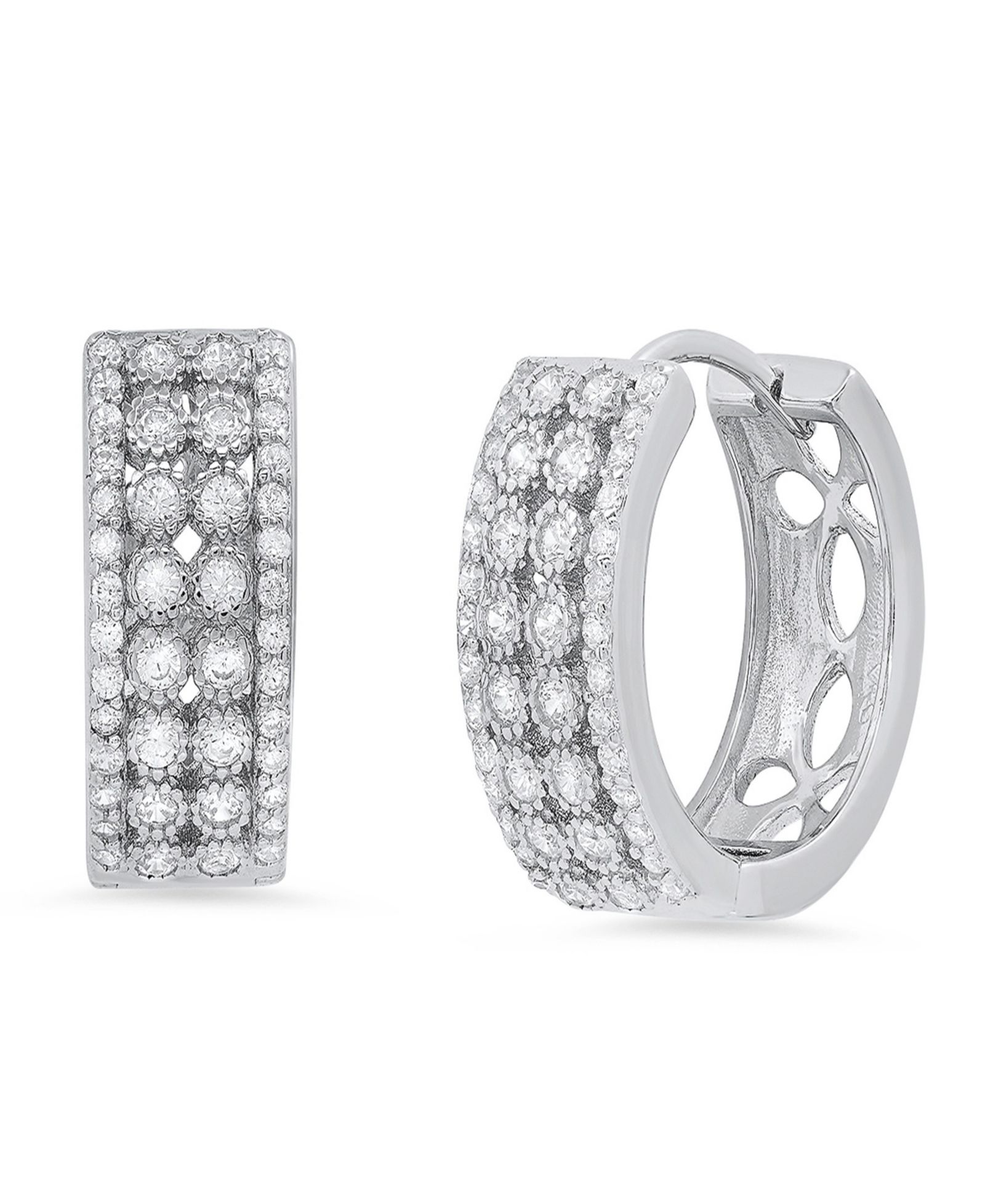 Steeltime Women's Sterling Silver and Multi-Row Simulated Diamonds Round Huggie Earrings