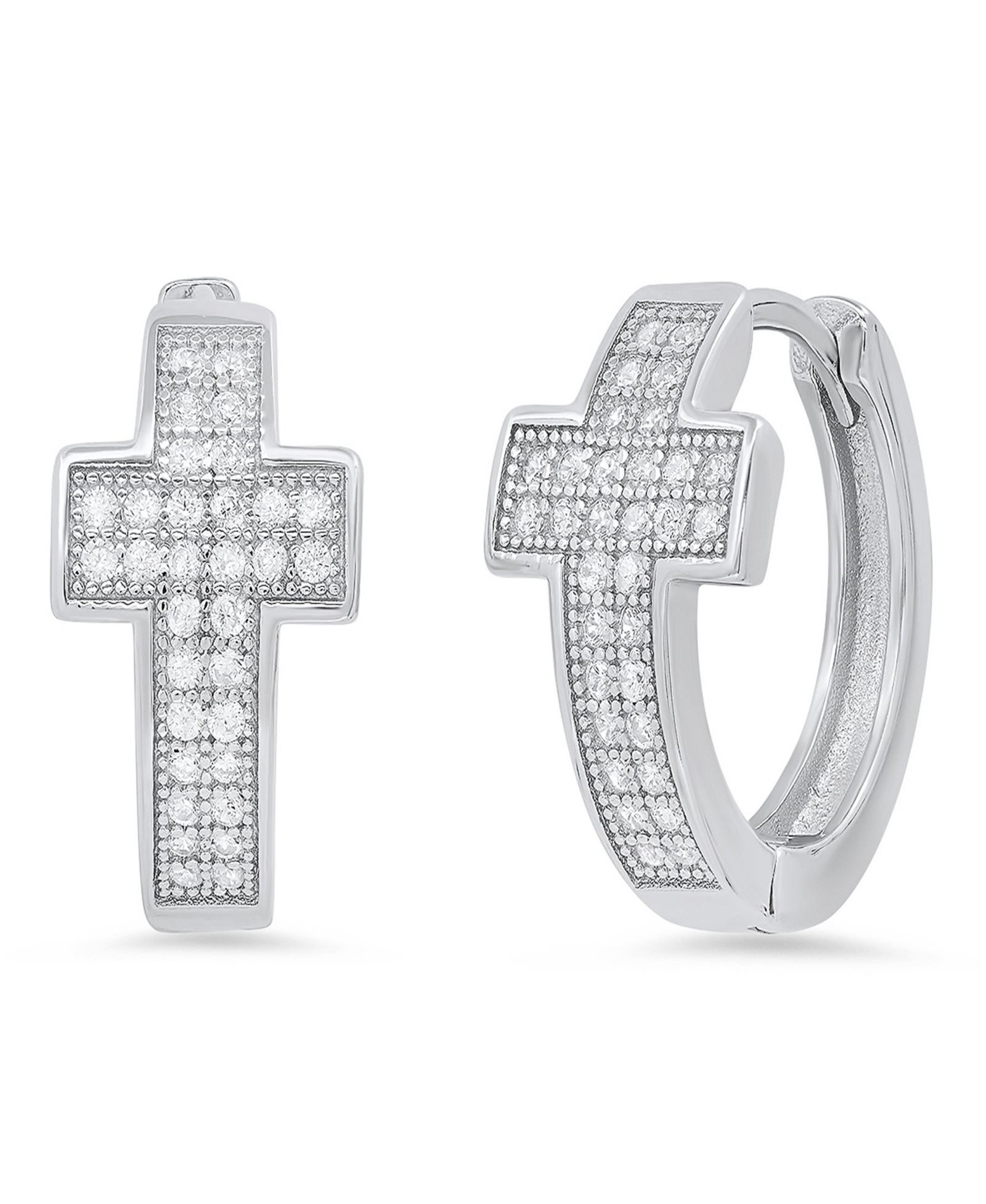 Steeltime Women's Sterling Silver and Simulated Diamonds Cross Huggie Earrings