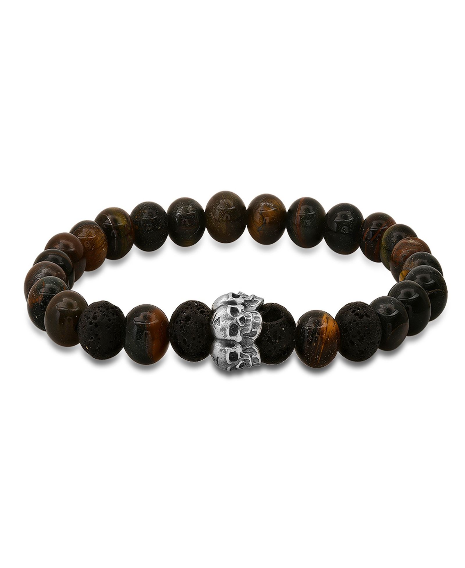Steeltime Men’s Tiger Eye, Black Lava and Sterling Silver Skull Beaded Stretch Bracelet