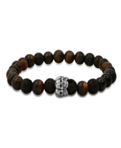 Steeltime Men’s Tiger Eye, Black Lava and Sterling Silver Skull Beaded Stretch Bracelet