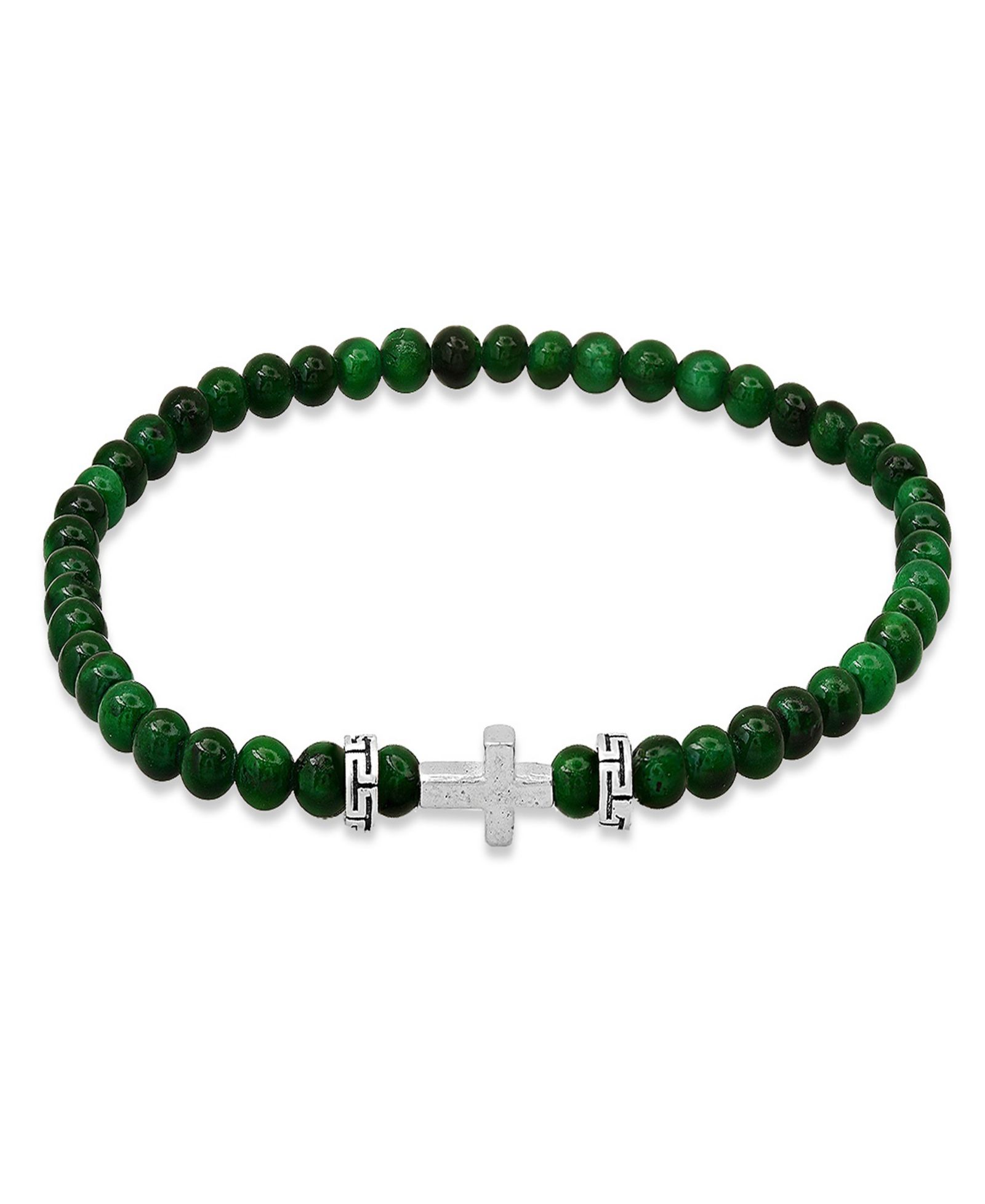 Steeltime Men’s Sterling Silver Cross and Green Agate Beaded Stretch Bracelet