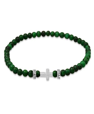 Steeltime Men’s Sterling Silver Cross and Green Agate Beaded Stretch Bracelet