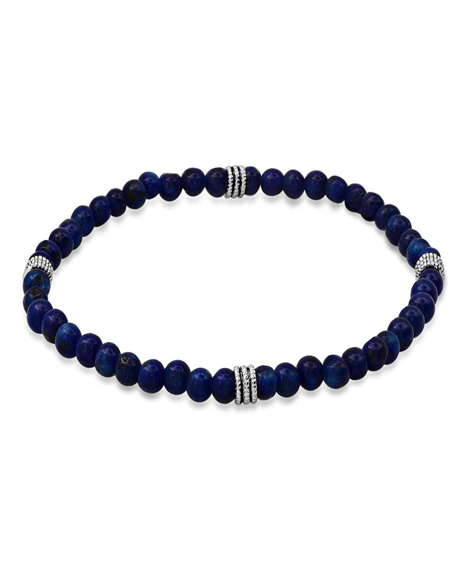 Steeltime Men’s Sterling Silver and Blue Lapis Beaded Stretch Bracelet