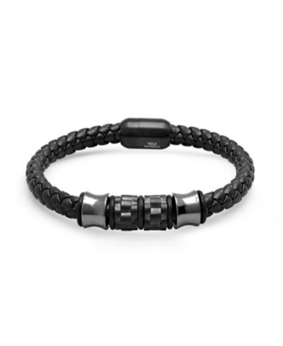 Steeltime Men’s Black Braided Leather and Black IP Stainless Steel Bracelet