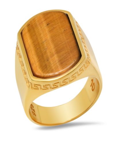 Steeltime Men's 14K Gold Plated and Sterling Silver with Greek Key Accents Tiger Eye Ring