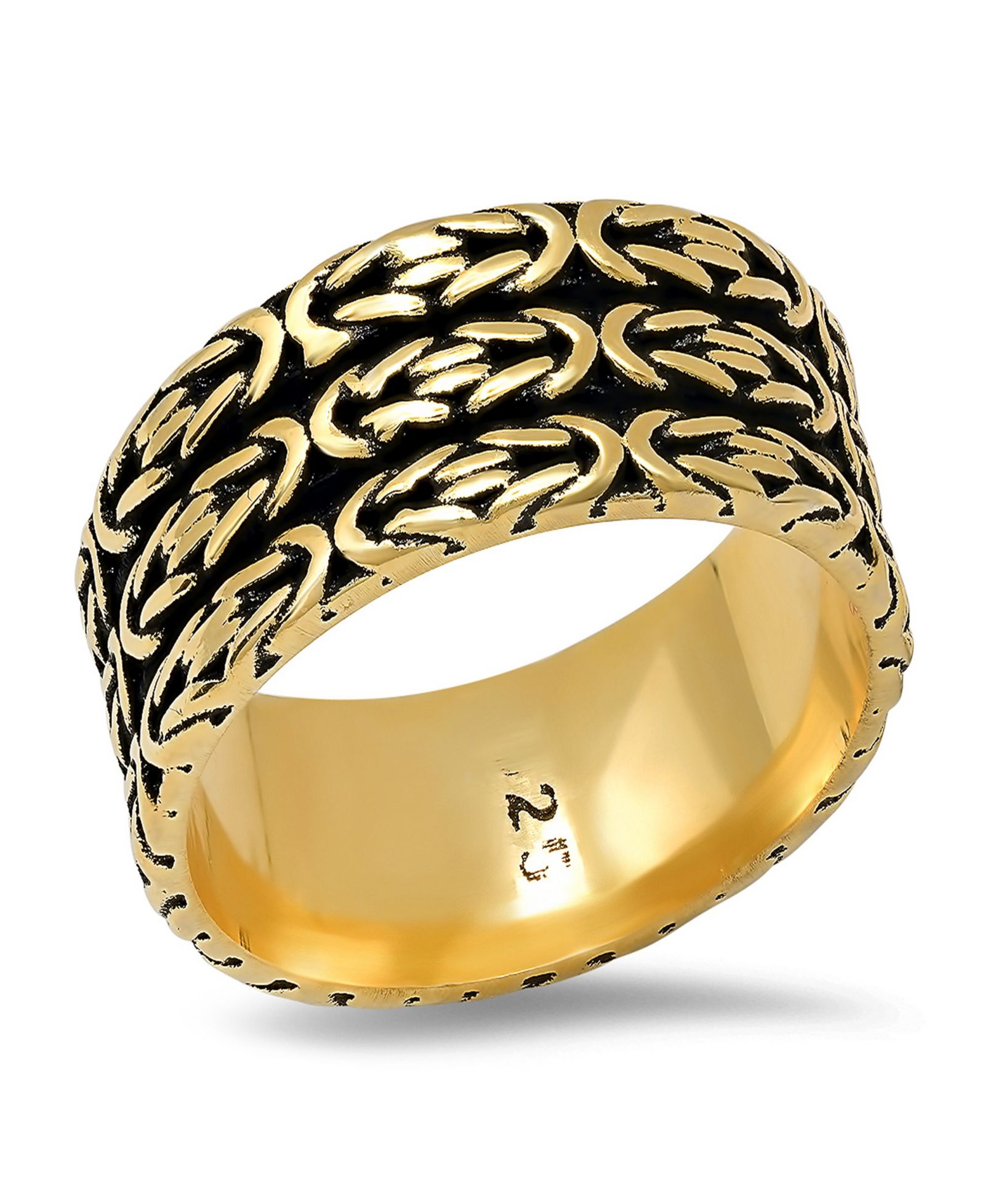Steeltime Men's 14K Gold Plated and Sterling Silver Black IP Byzantine Band Ring
