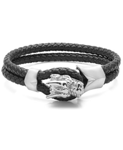 Steeltime Men’s Black Braided Leather Bracelet with Stainless Steel Dragon Head Design
