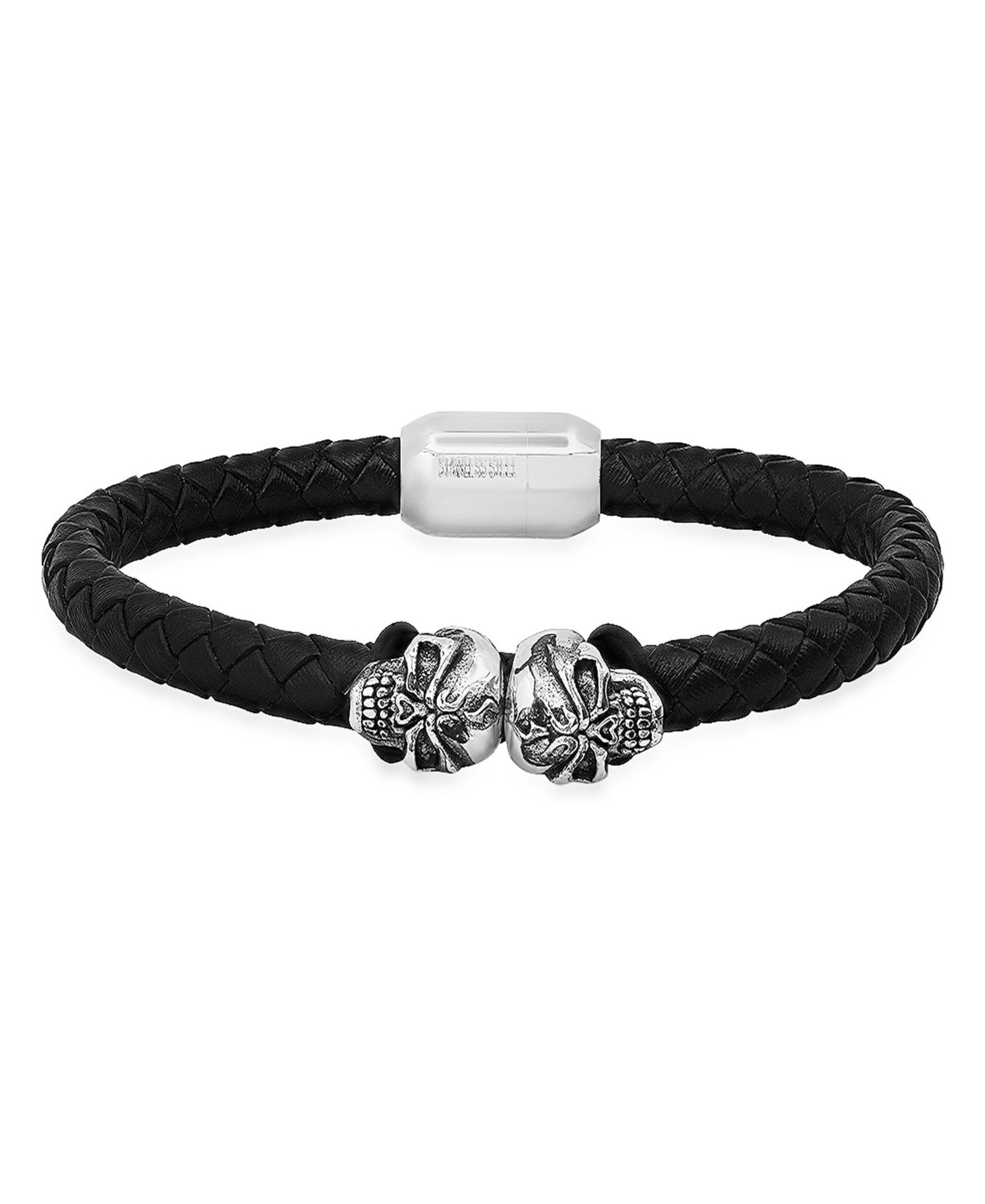 Мужской браслет Steeltime Black Braided Leather и Stainless-Steel Skulls