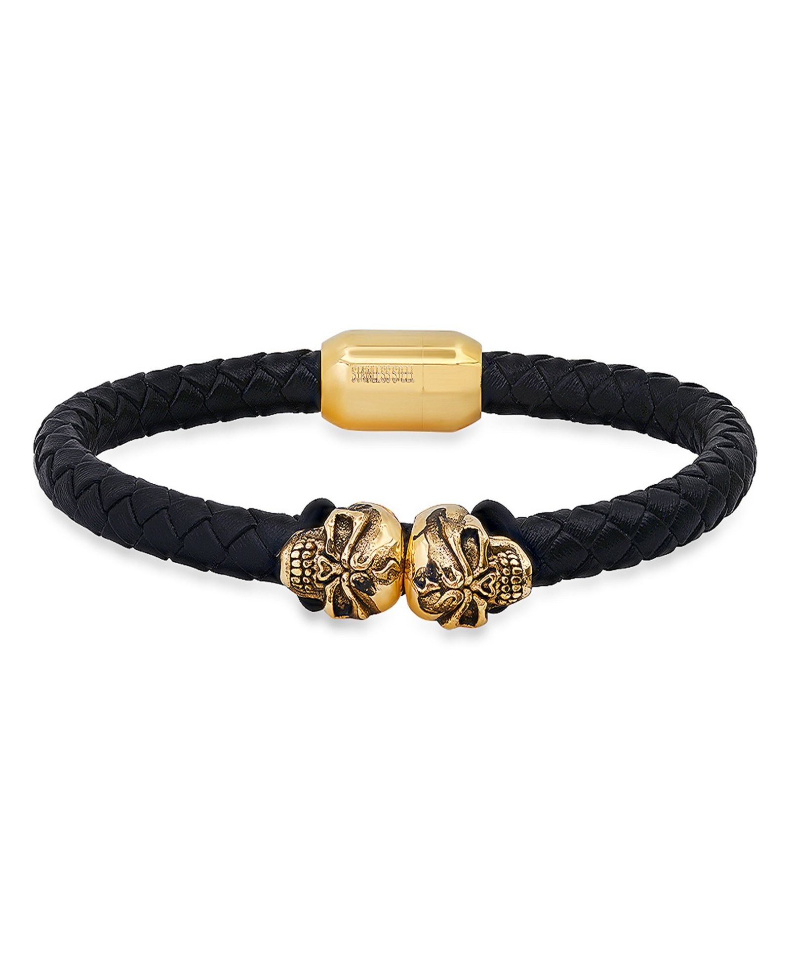 Steeltime Мужской браслет Braided Leather and 18K Gold-Plated Stainless-Steel Skulls