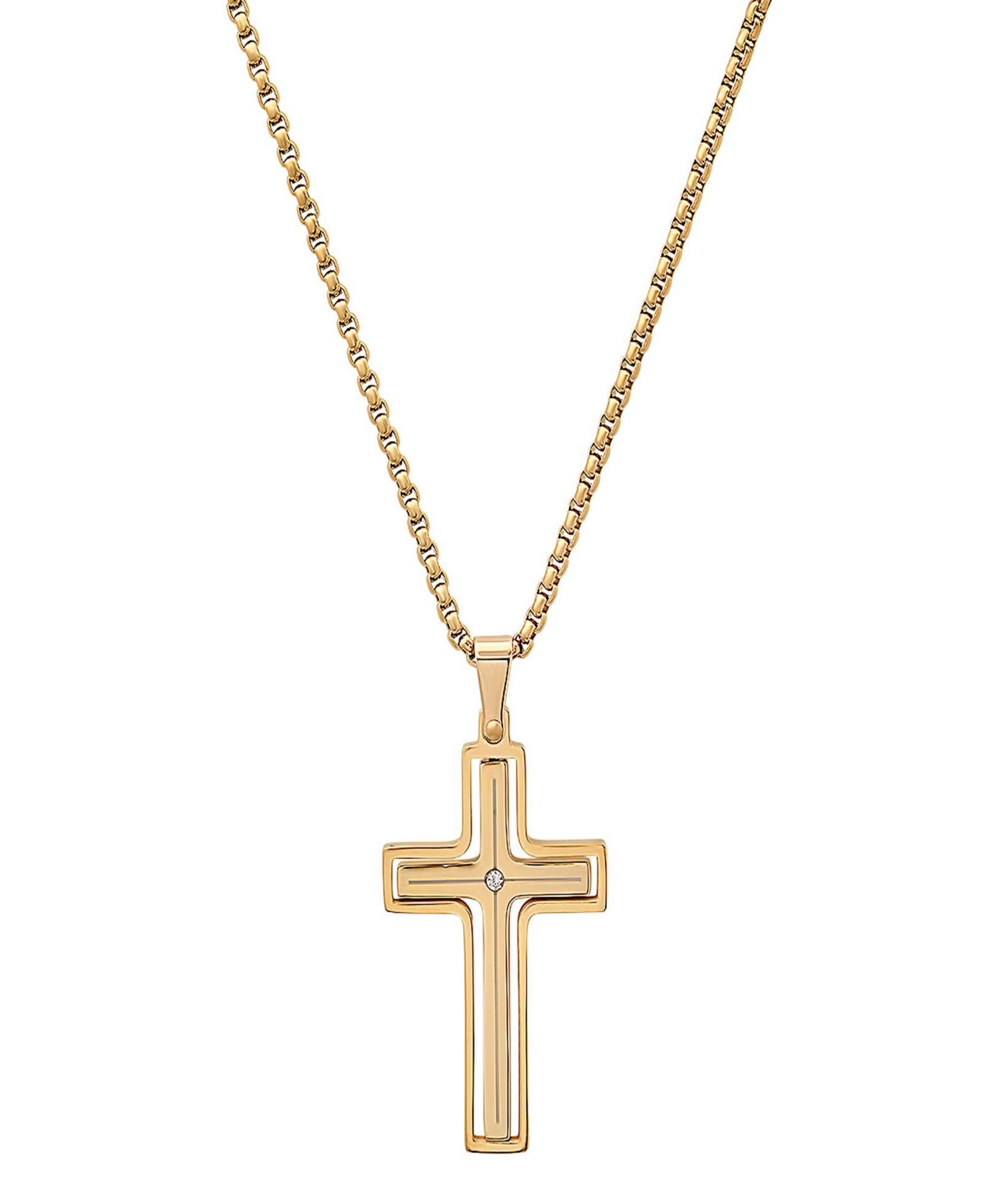 Steeltime Men's 18K Gold Plated and Simulated Diamond Spinning Cross Pendant Necklace