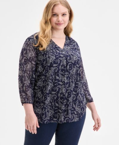 Jones New York Plus Size  Kelly Printed Sheer-Sleeve Pleated Blouse